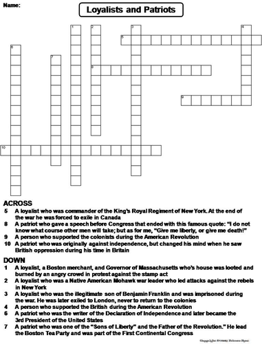 Loyalists and Patriots Crossword Puzzle