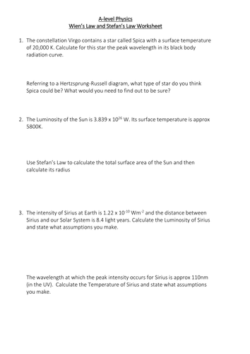 Wien's and Stefan's Law Worksheet with solutions.