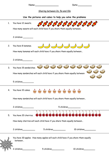 division as sharing 2s 5s and 10s worksheets year 2