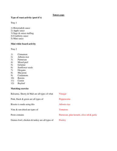 GCSE Food and Nutrition Commodities Practical Activities