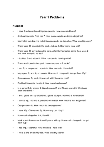 Problem Solving Questions - Worksheet - Year 1