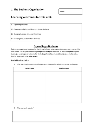 GCSE BUSINESS The Business Organisation HOME LEARNING WORKBOOK