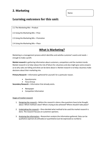 GCSE BUSINESS Marketing HOME LEARNING WORKBOOK
