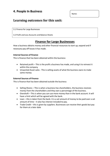 GCSE BUSINESS Finance HOME LEARNING WORKBOOK