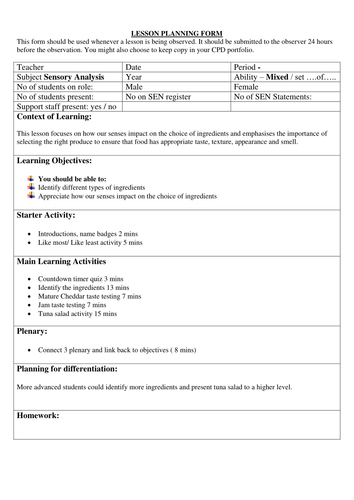 GCSE Food and Nutrition lesson plan for sensory analysis