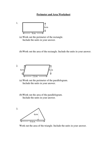 Worksheet on perimeter/area of rectangles, triangles and trapezia