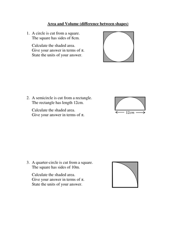 Worksheet on finding the area/volume between two shapes | Teaching