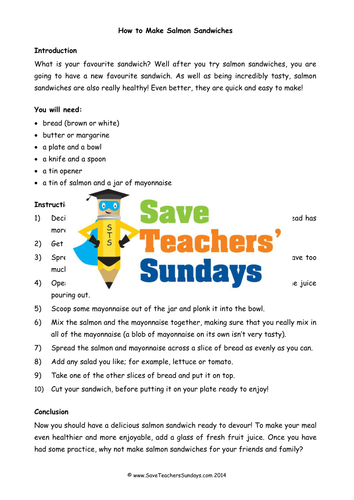 Year 2/3 Instructions Comprehension / Guided Reading (3 levels of difficulty) - Making Sandwiches