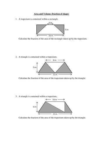 worksheet on expressing the areavolume of one shape as a fraction of