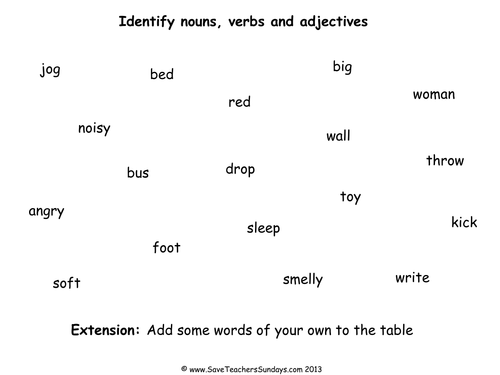 nouns verbs and adjectives worksheet and lesson plan teaching resources