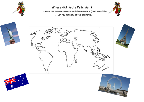 Identifying landmarks as to what continent are they are - pirate Pete (can be edited)