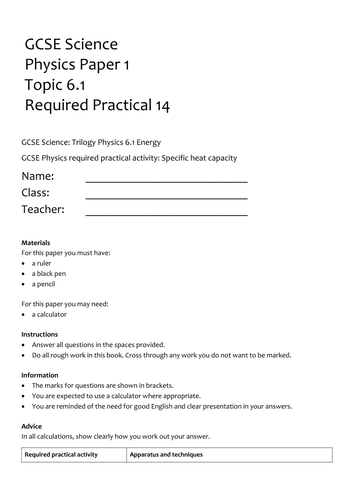 Specific Heat Capacity Required Practical Worksheet | Teaching Resources