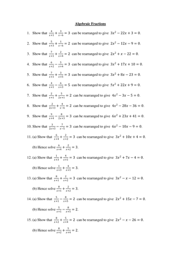 Algebraic fractions worksheet | Teaching Resources