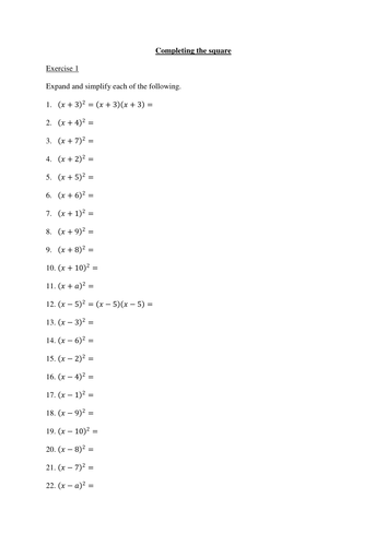 Worksheet to introduce the method for completing the square | Teaching