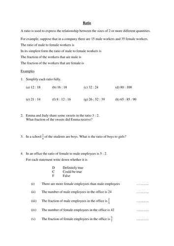 Ratio - introductory sheet plus a worksheet