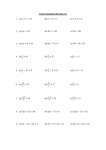 2 revision worksheets on linear equations | Teaching Resources