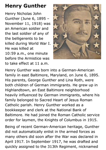 Henry Gunther last soldier to be killed during World War I Handout