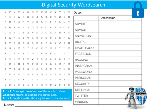 Digital Security Wordsearch Starter Activity ICT Computing Safety Homework Cover Lesson Plenary
