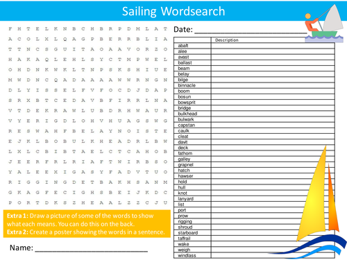 Sialing Wordsearch Starter Activity Boats Rowing Watersports Homework Cover Lesson Plenary
