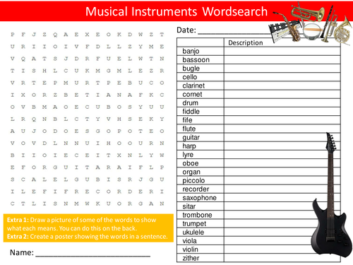 Musical Instruments Wordsearch Starter Activity Music Homework Cover Lesson Plenary