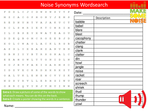 Noise Synonyms Wordsearch Starter Activity English Language Homework Cover Lesson Plenary