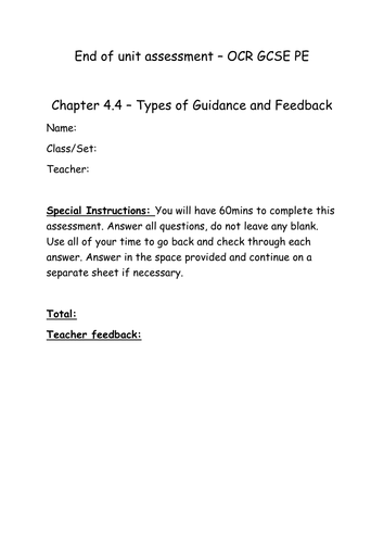 Types of feedback and guidance end of unit assessment (and mark scheme) OCR GCSE PE 2016 spec
