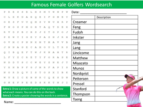 Female Golfers Wordsearch Starter Activity PE Sports Golf Literacy Homework Cover Lesson Plenary