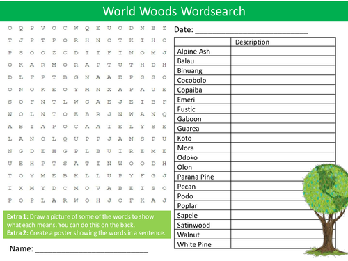 Types of World Wood Wordsearch Starter Activity Resistant Materials Homework Cover Lesson Plenary