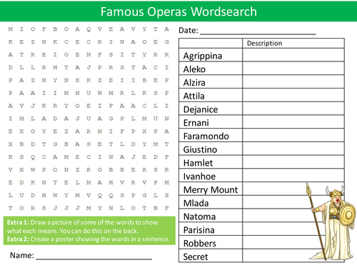Famous Operas Wordsearch Starter Activity Music History Homework Cover Lesson Plenary