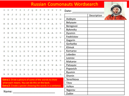 Russian Cosmonauts Wordsearch Starter Activity Space Exploration Homework Cover Lesson Plenary