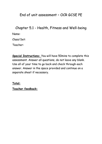 Health, fitness and well-being end (5.1) of chapter assessment (and mark scheme) OCR GCSE PE (2016)