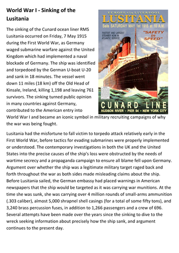 World War I - Sinking of the Lusitania Handout