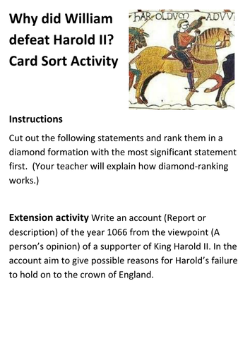 Why did William defeat Harold II - Card Sort Activity