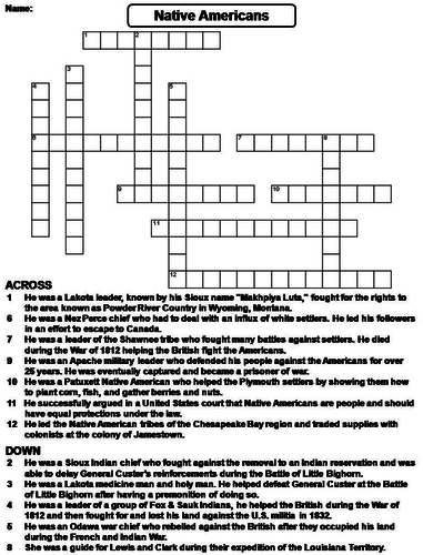 Native Americans Crossword Puzzle