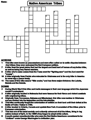 Native American Tribes Crossword Puzzle Teaching Resources