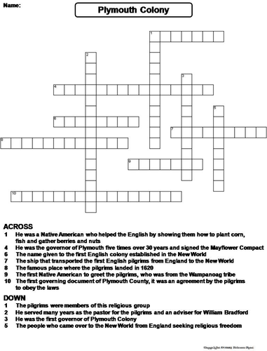 Pilgrims and Plymouth Colony Crossword Puzzle Teaching Resources