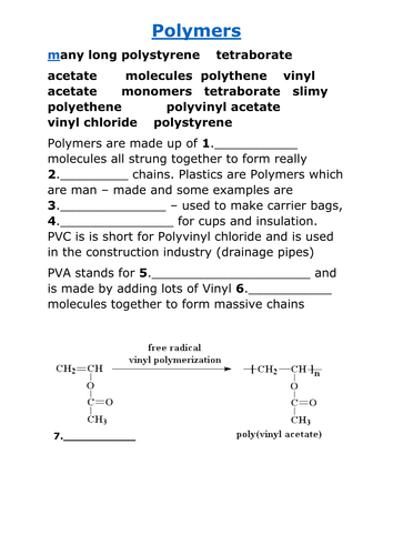 Introduction to some common Polymers missing word sheet