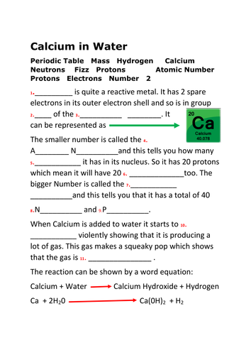 Calcium reactivity and its place in the Periodic table  - missing word sheet