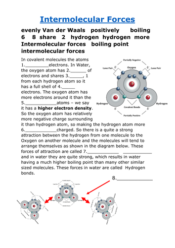 Intermolecular forces and their role in water - missing words worksheet