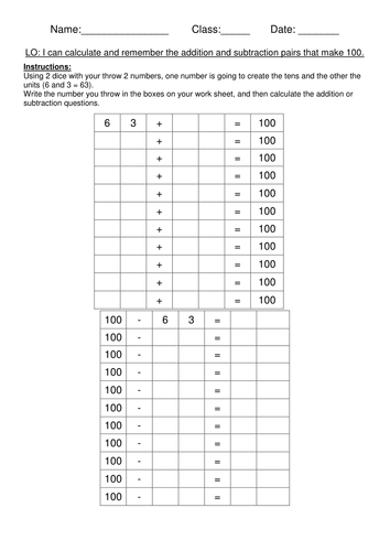 Additiona and Subtraction pairs to 100.