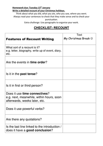 Christmas Recount Homework with Steps to Success checklist.