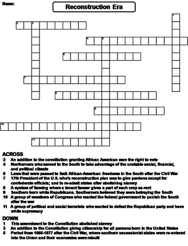 Reconstruction Era Crossword Puzzle