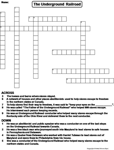 The Underground Railroad Crossword Puzzle