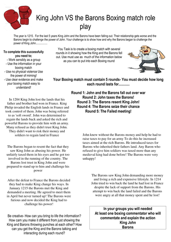 King John VS the Barons boxing match role play activity
