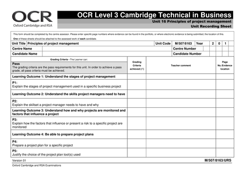 Cambridge Technicals - Business Studies Level 3 - 2016 -Unit 16 - Principles of Project Management