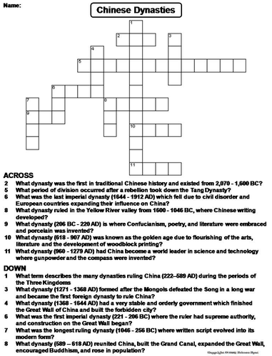 Ancient Chinese Dynasties Crossword Puzzle | Teaching Resources