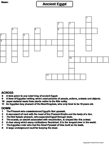 Ancient Egypt Crossword Puzzle Teaching Resources