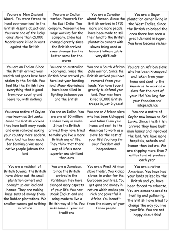 Impact of British rule upon the Colonies of the British empire role play activity