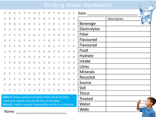 Drinking Water Wordsearch Health Fitness Nutrition Starter Activity Homework Cover Lesson Plenary