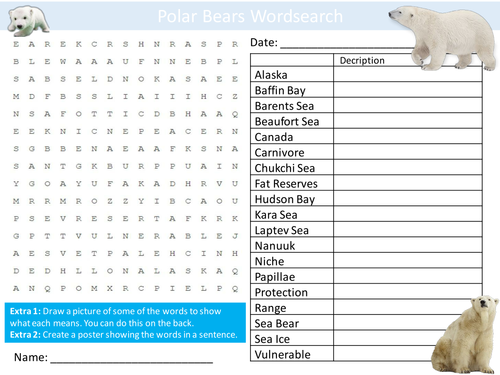 Polar Bears Wordsearch Animals Wildlife Literacy Starter Activity Homework Cover Lesson Plenary